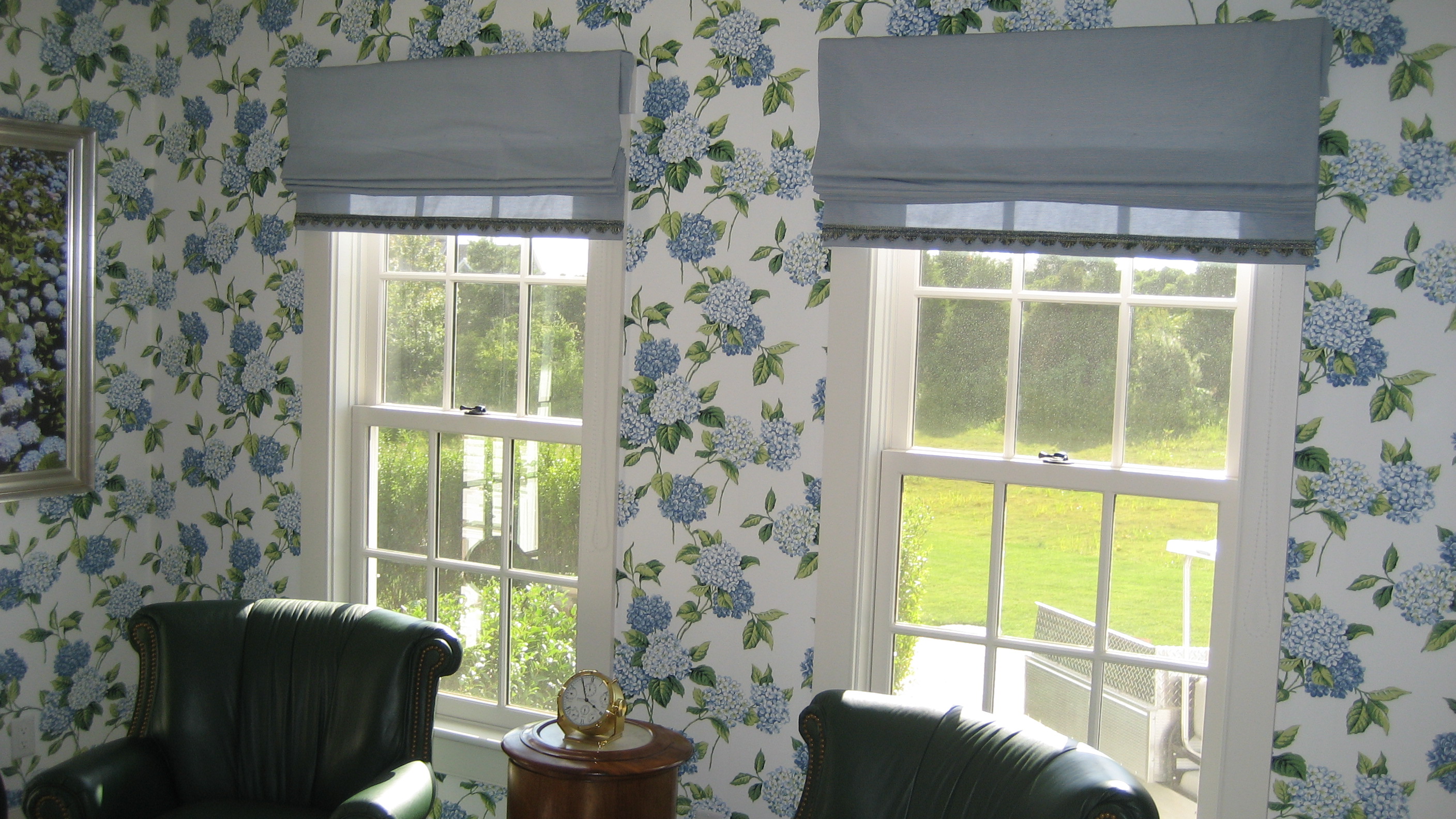 Custom Roman Shades with Decorative trim Kim's Upholstery