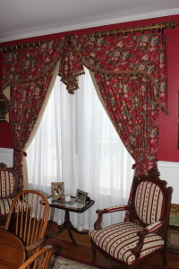 Moore land valance with drapes sheers and trim dinning room