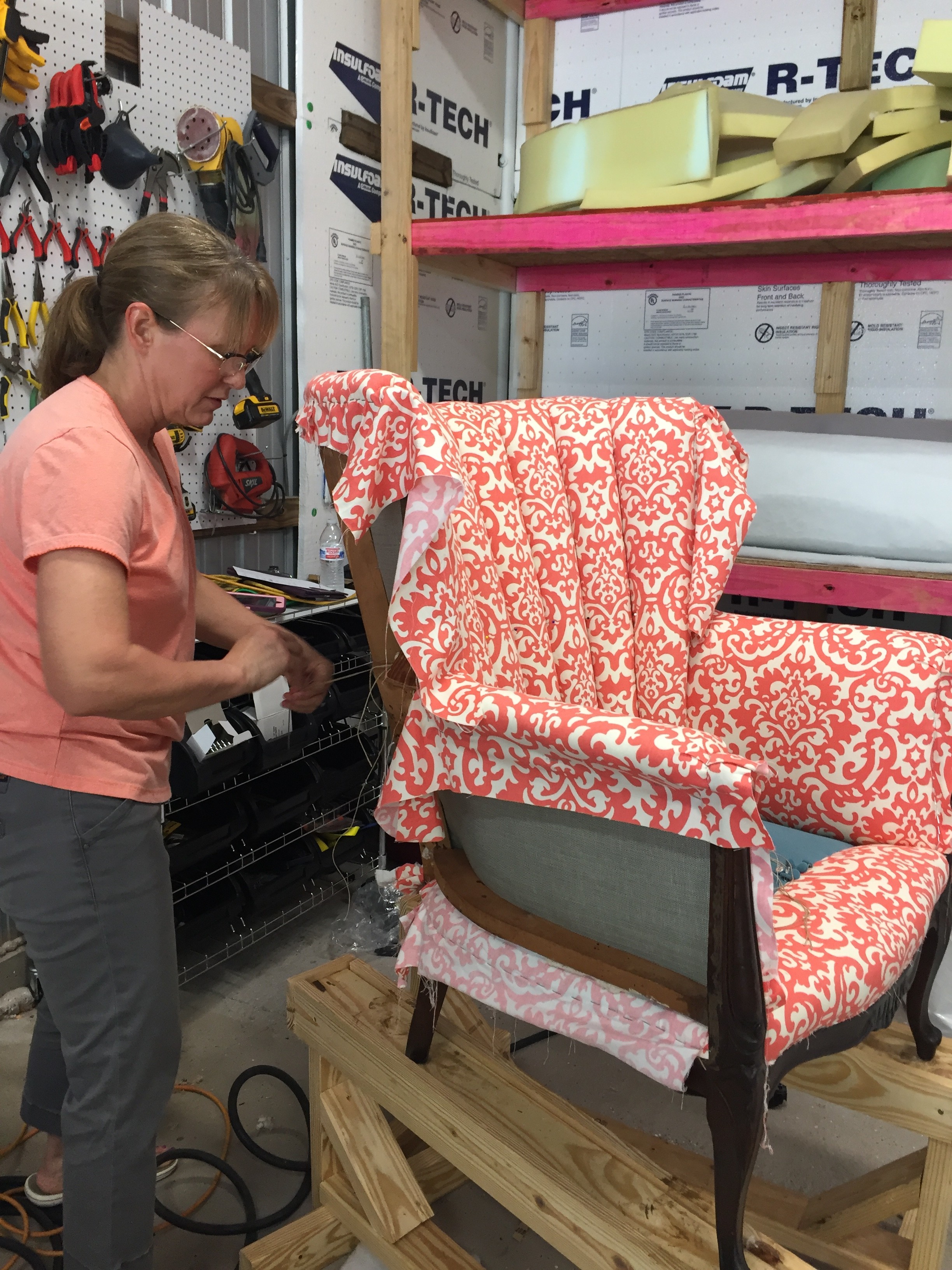 Tracy attaching the channels of her upholstered chair