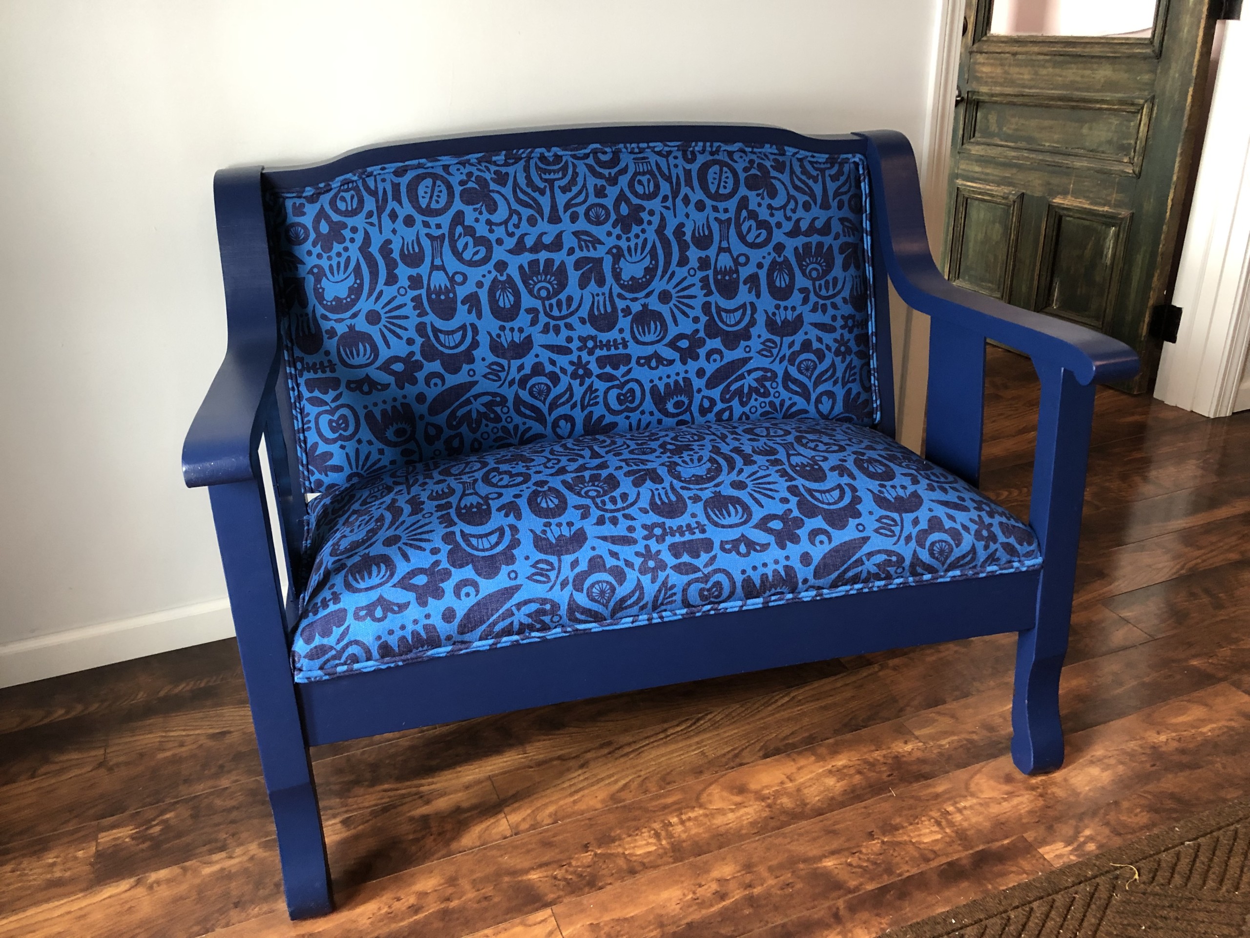 Completed Blue Settee Upholstery