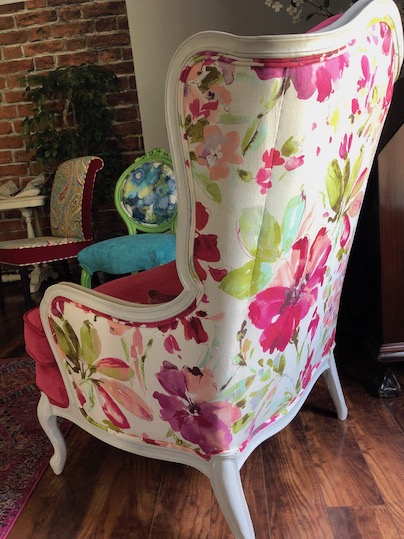 Pink floral wingback chair back