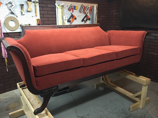 Red couch and cushions upholstery project