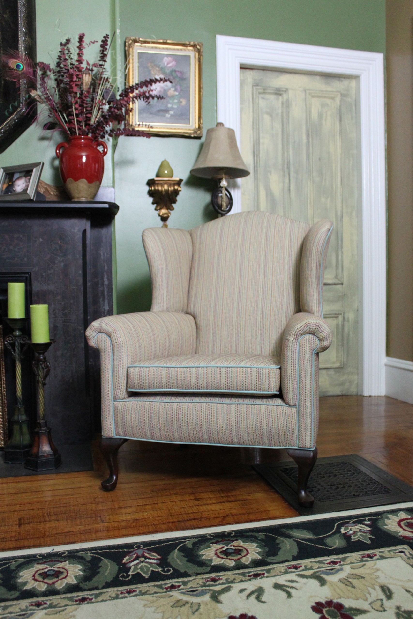 Pinstriped pattern chair with colorful cording