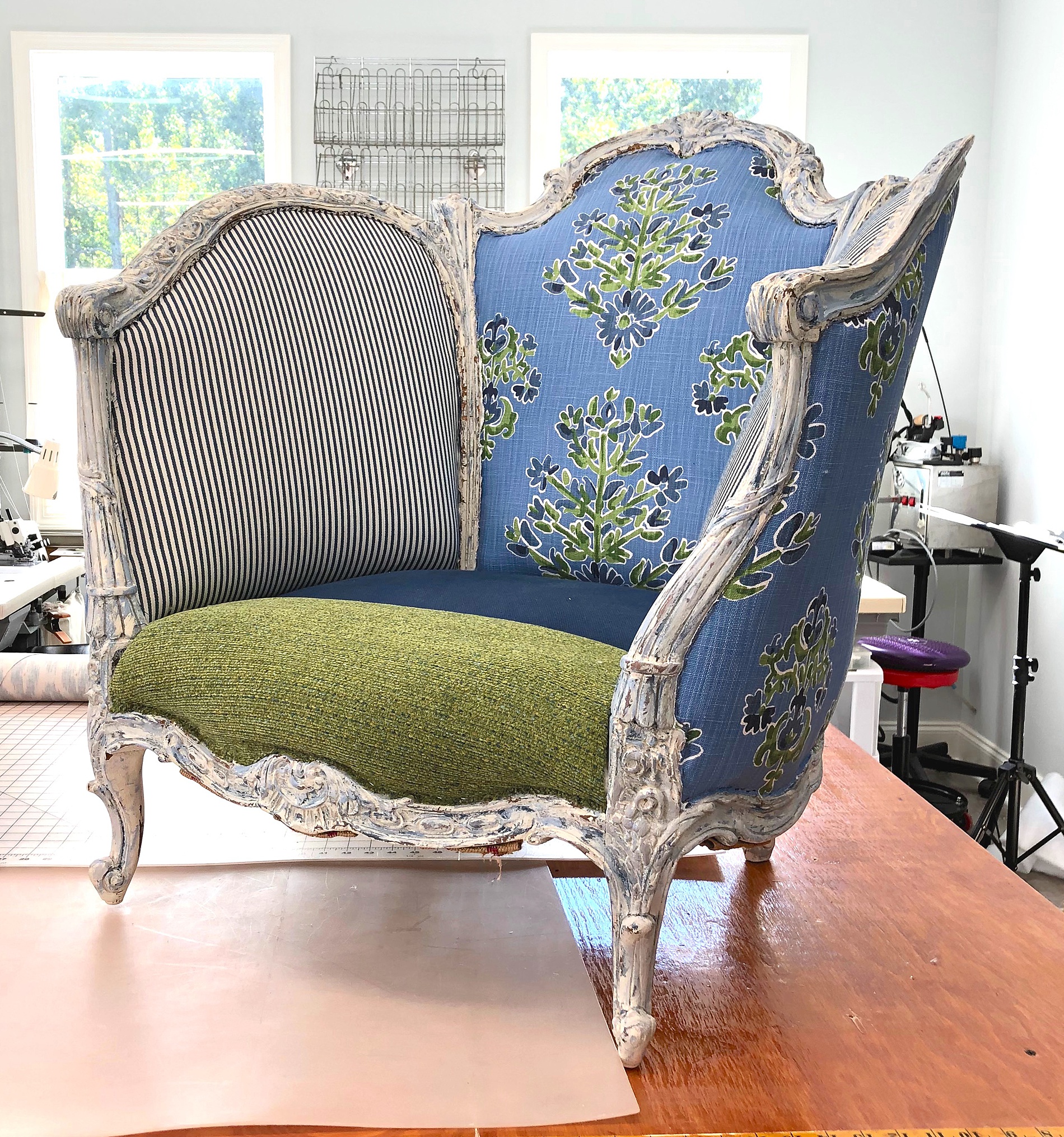 Mixing fabrics on reupholstered furniture to add personality