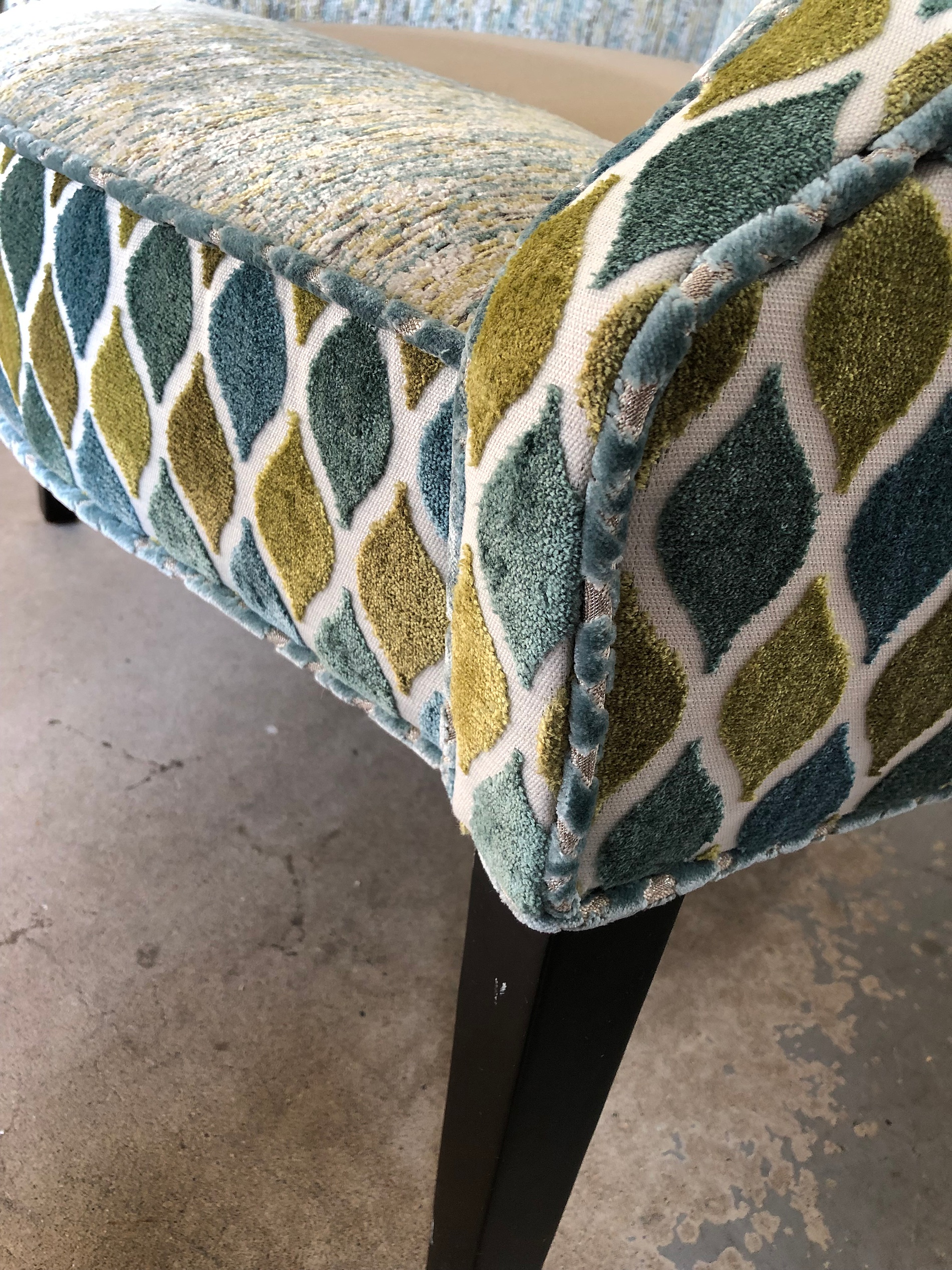 finished reupholstered chair with fun fabric