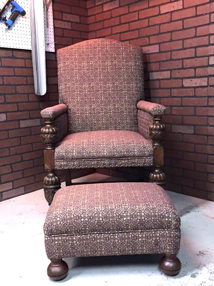 Purple ornate chair with ottoman