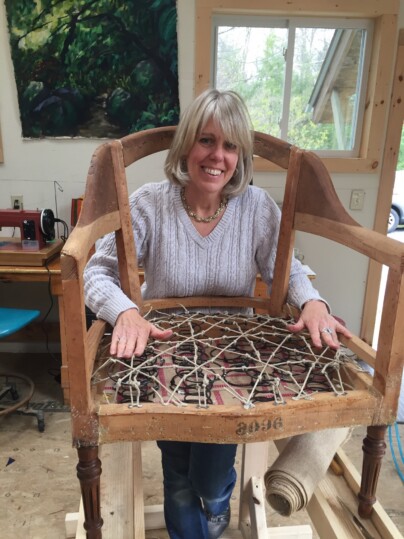 Upholstery Workshop Ashfield MA Kim’s Upholstery support system in place during In-Person Workshop Experience