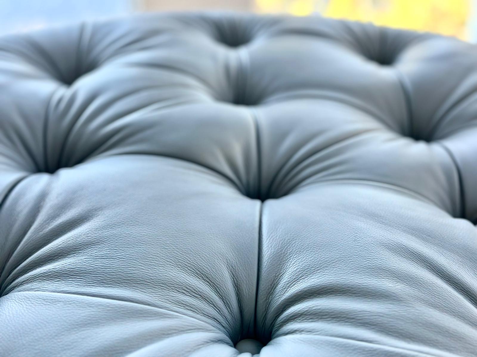 round leather tufted ottoman DIY upholstery project