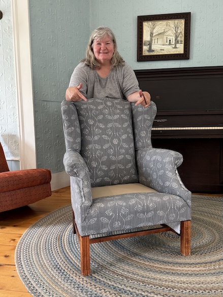 Wingback chair finished at Kim’s Upholstery workshop in Ashfield MA